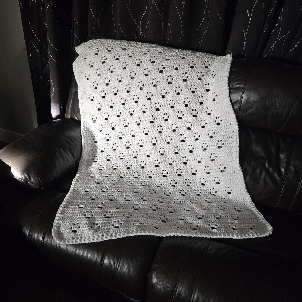 Handmade Paw Print Afghan Blanket 55x33 White Cozy Warm‎ Pet Lover Gift Throw